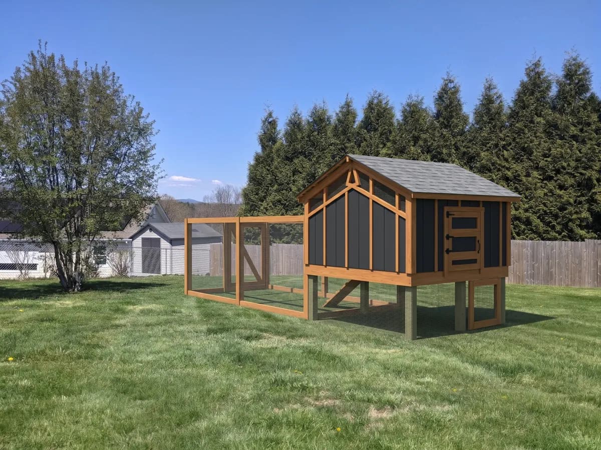 Large stilt coop with covered space underneath, Modern Barn style (representative image)